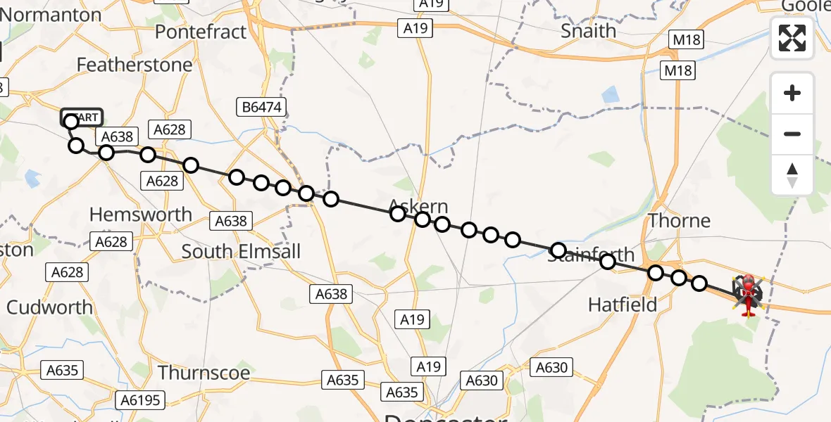 Flight route Air Ambulance Helicopter YAA Nostell Helicopter Port - Thorne, 07 July 2026, 10:15