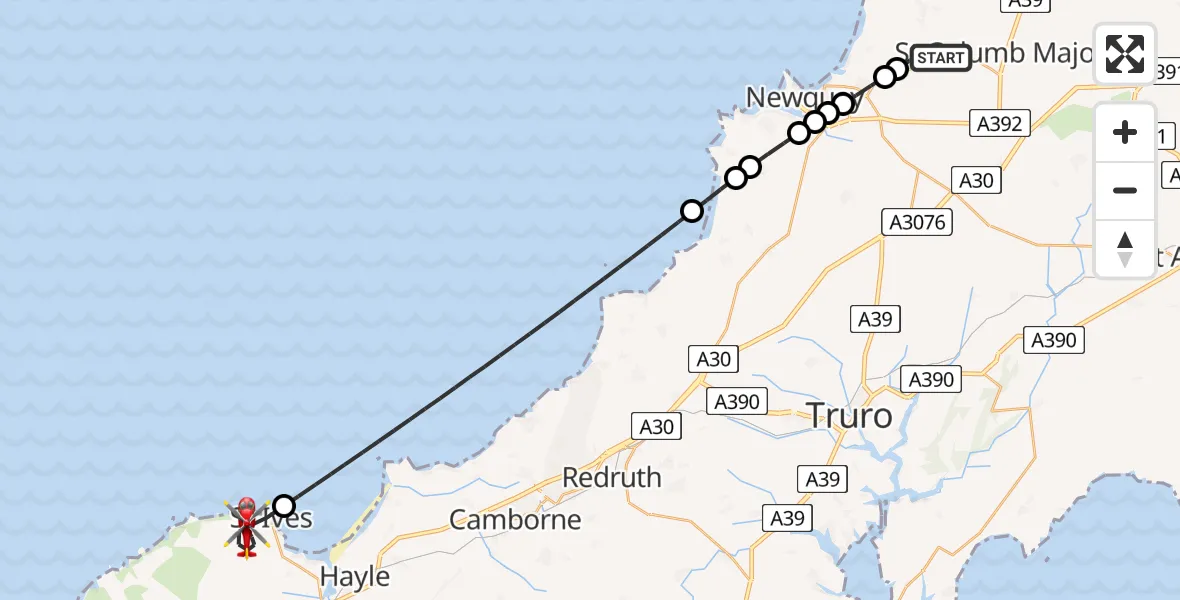 Flight route Air Ambulance Helicopter Cornwall Airport Newquay - St. Ives, 07 July 2026, 10:19