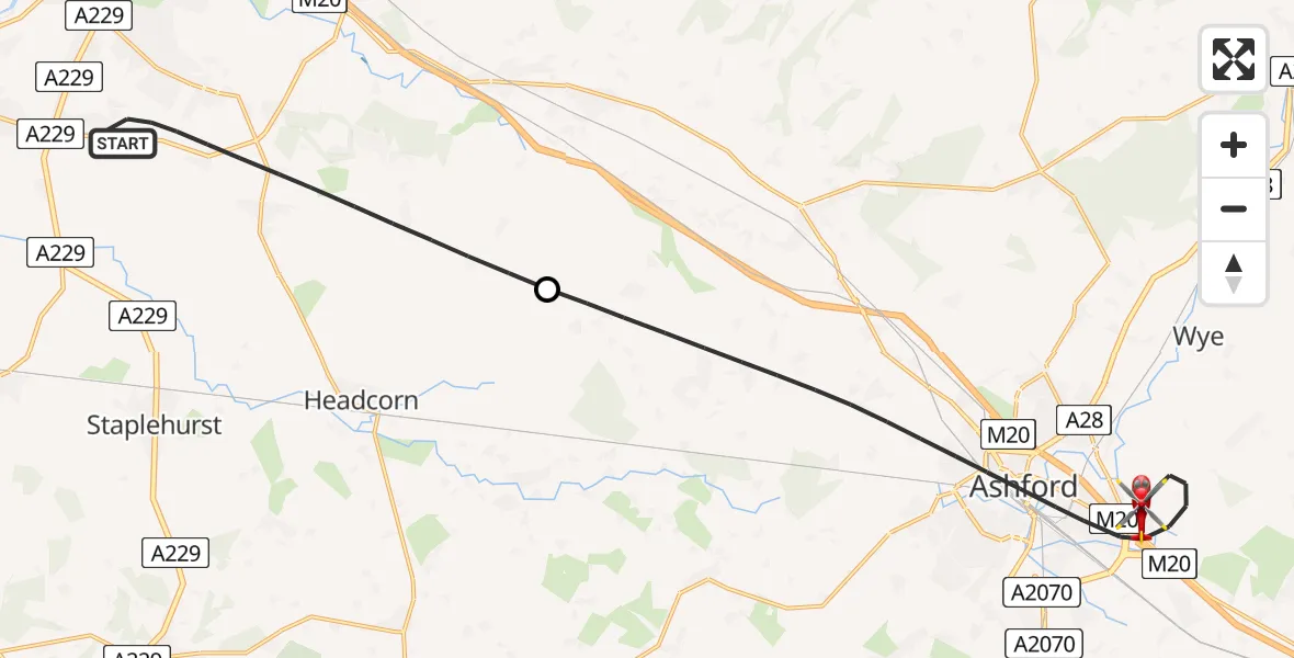 Flight route Air Ambulance Helicopter Maidstone - Ashford, 07 July 2026, 10:23