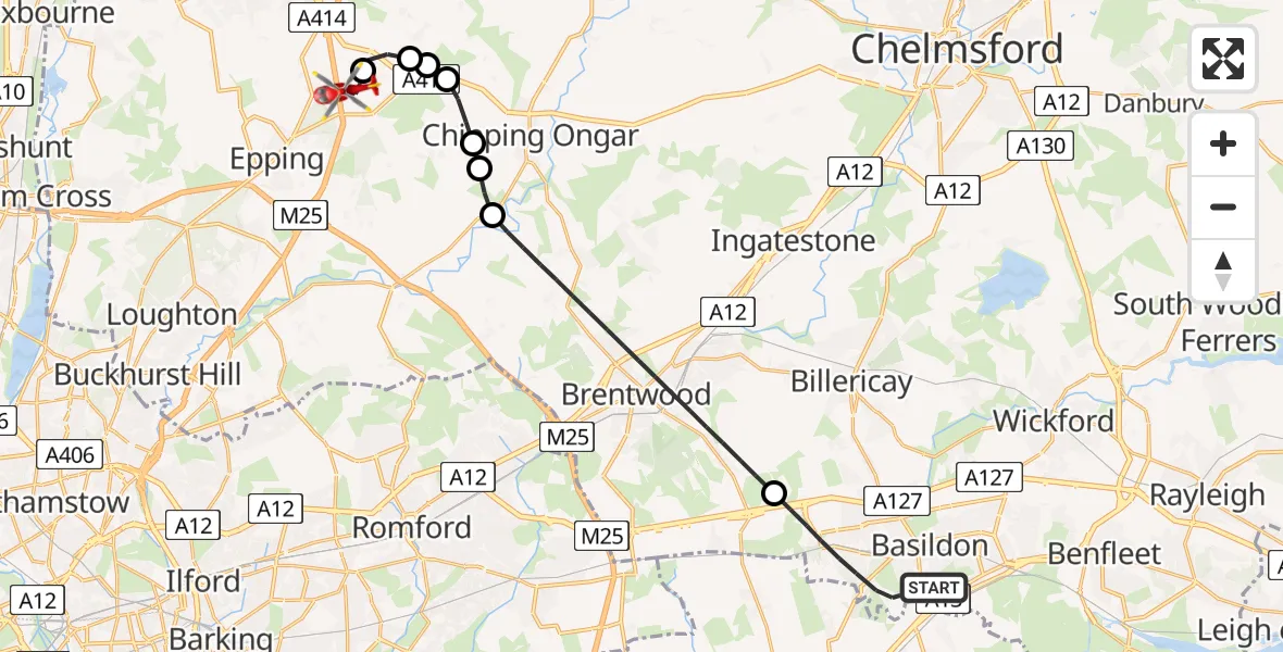 Flight route Air Ambulance Helicopter Basildon - North Weald Airfield, 07 July 2026, 10:43