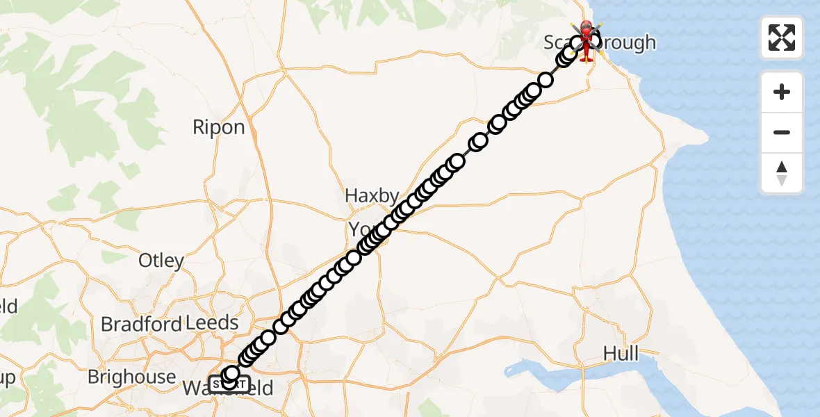 Flight route Air Ambulance Helicopter Newton Hill - Scarborough, 07 July 2026, 10:52