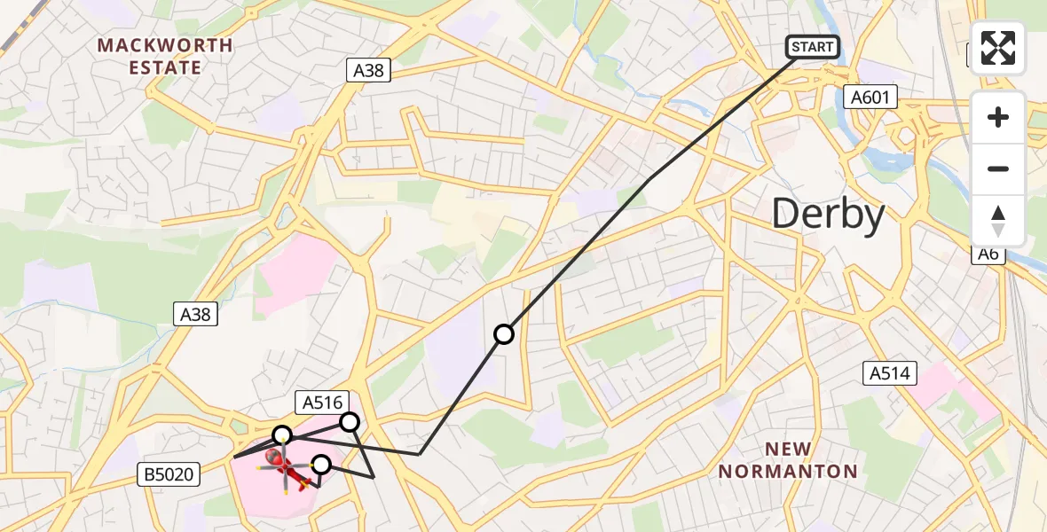Flight route Air Ambulance Helicopter Little Chester - Royal Derby Trauma Unit, 07 July 2026, 10:59