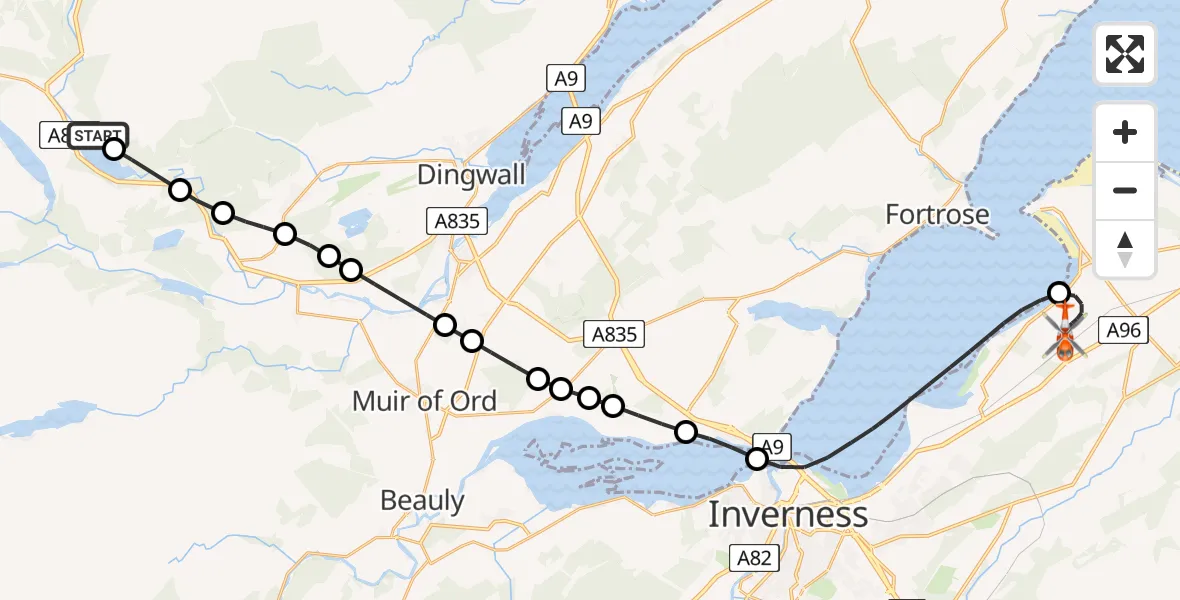 Flight route Coastguard Helicopter Garve - Inverness Airport, 07 July 2026, 11:05
