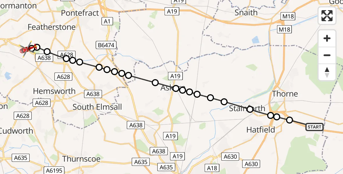 Flight route Air Ambulance Helicopter Thorne - YAA Nostell Helicopter Port, 07 July 2026, 11:11