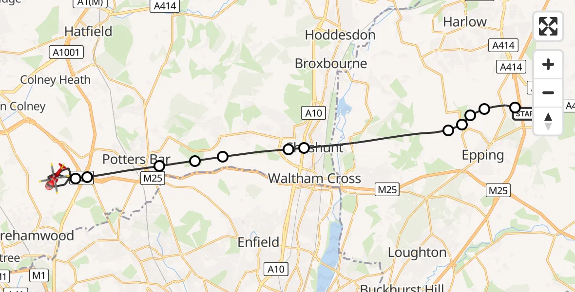 Flight route Air Ambulance Helicopter North Weald Airfield - Ridge, 07 July 2026, 11:13