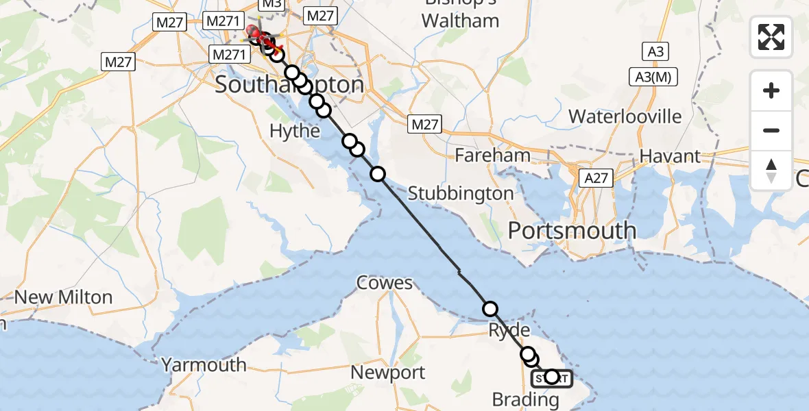 Flight route Air Ambulance Helicopter Ryde - University Hospital Southampton, 07 July 2026, 11:18