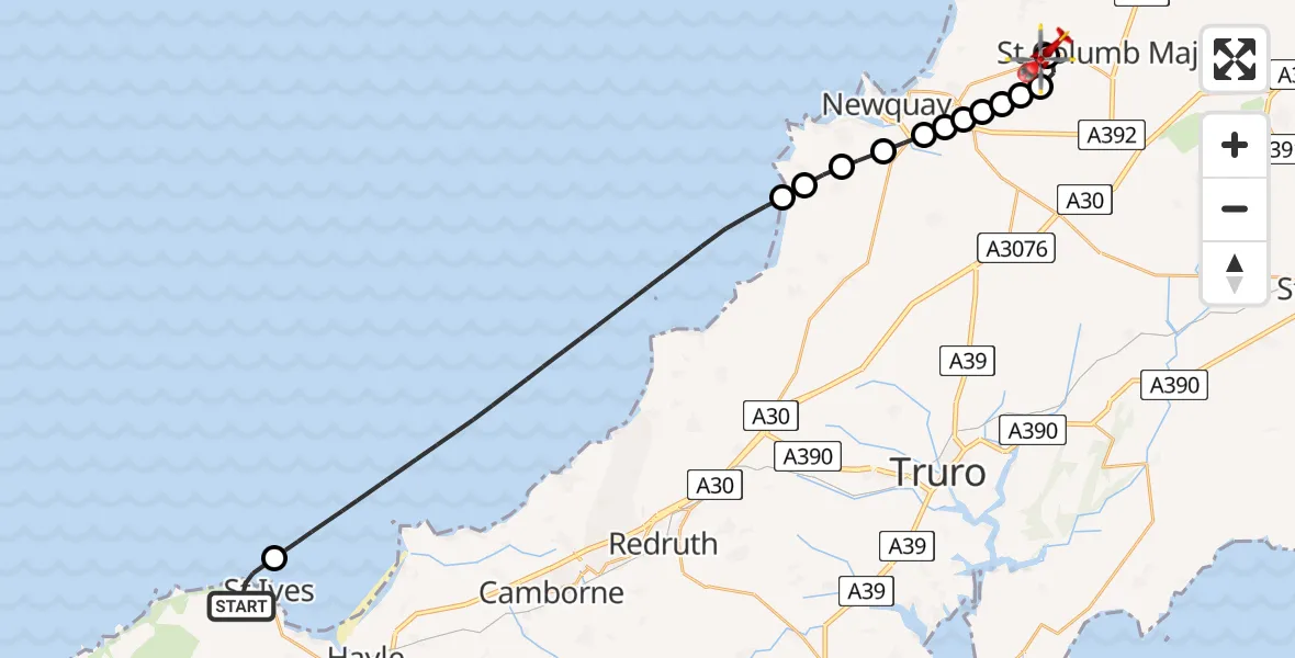 Flight route Air Ambulance Helicopter St. Ives - Cornwall Airport Newquay, 07 July 2026, 11:30