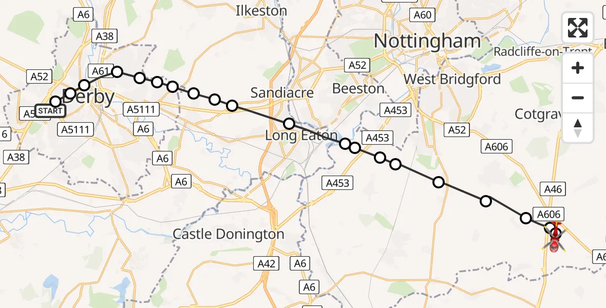 Flight route Air Ambulance Helicopter Royal Derby Trauma Unit - Nottingham Heliport, 07 July 2026, 11:45