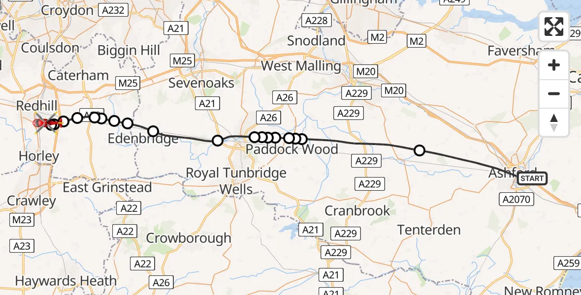 Flight route Air Ambulance Helicopter Ashford - Redhill Aerodrome, 07 July 2026, 11:55