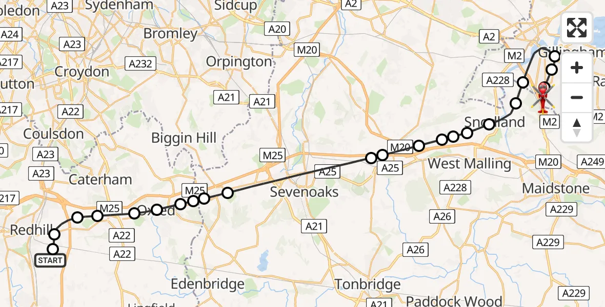 Flight route Air Ambulance Helicopter Redhill Aerodrome - Rochester Airport, 07 July 2026, 11:55