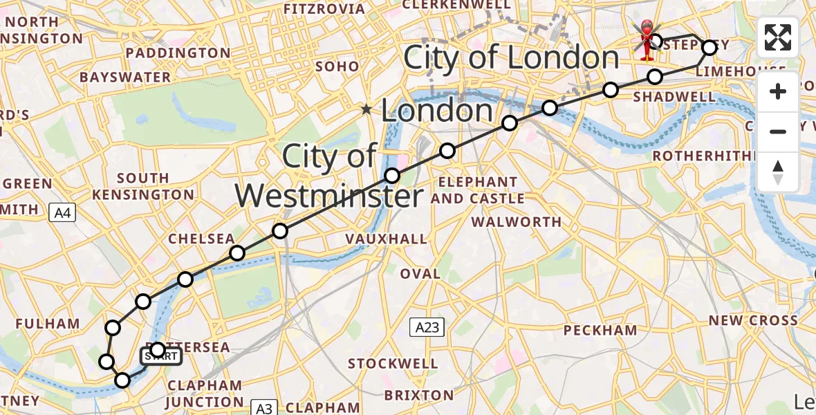 Flight route Air Ambulance Helicopter London Heliport - Royal London Hospital, 07 July 2026, 11:58