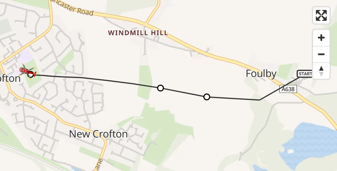 Flight route Air Ambulance Helicopter YAA Nostell Helicopter Port - Crofton, 07 July 2026, 12:02