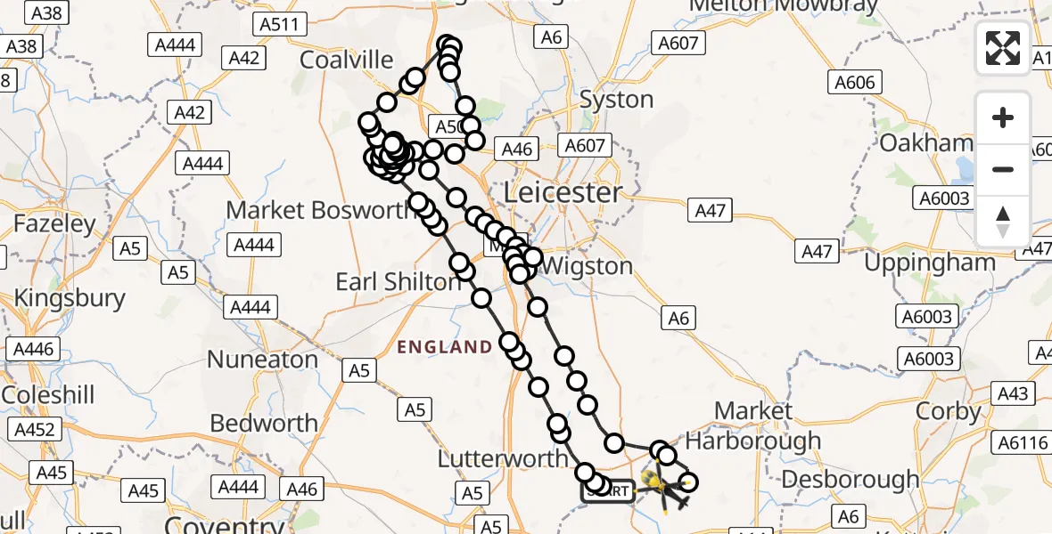 Flight route Police Helicopter Welford - Sibbertoft, 07 July 2026, 12:18
