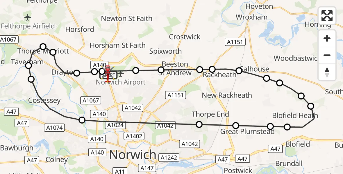 Flight route Air Ambulance Helicopter Norwich Airport - Norwich Airport, 07 July 2026, 12:30