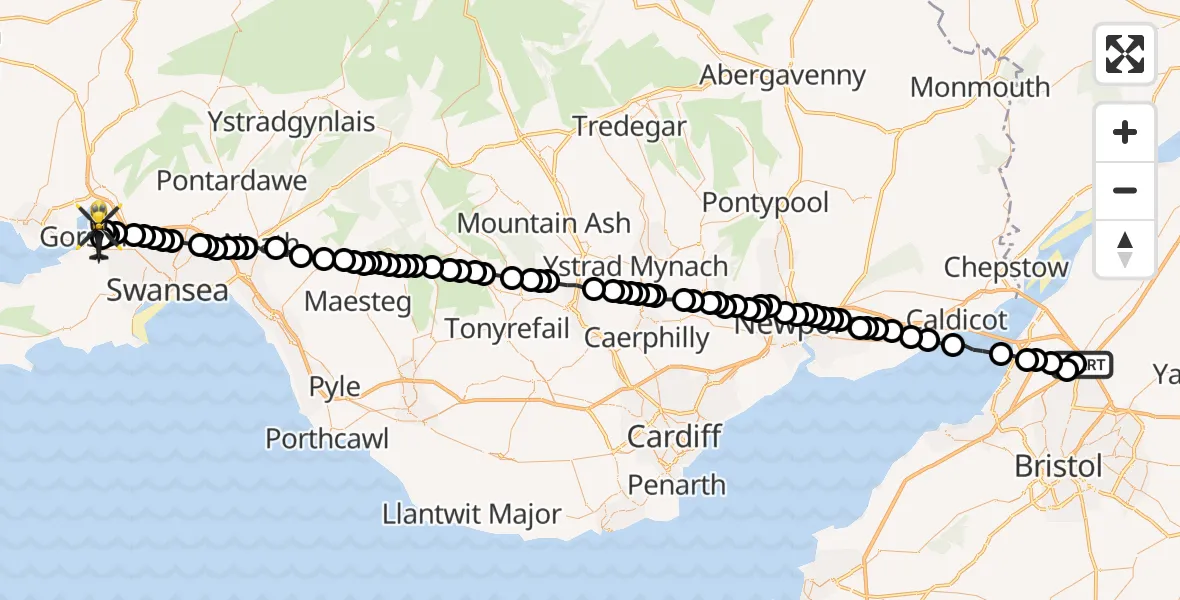 Flight route Police Helicopter Almondsbury Helicopter Base - Gorseinon, 07 July 2026, 12:33