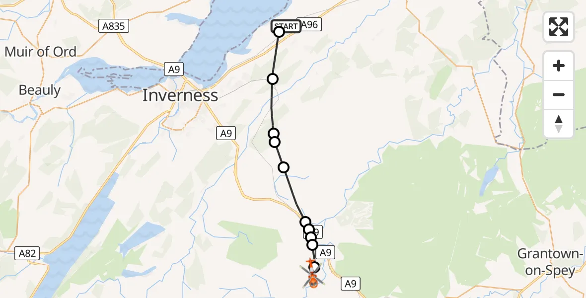 Flight route Coastguard Helicopter Inverness Airport - Tomatin, 07 July 2026, 12:33