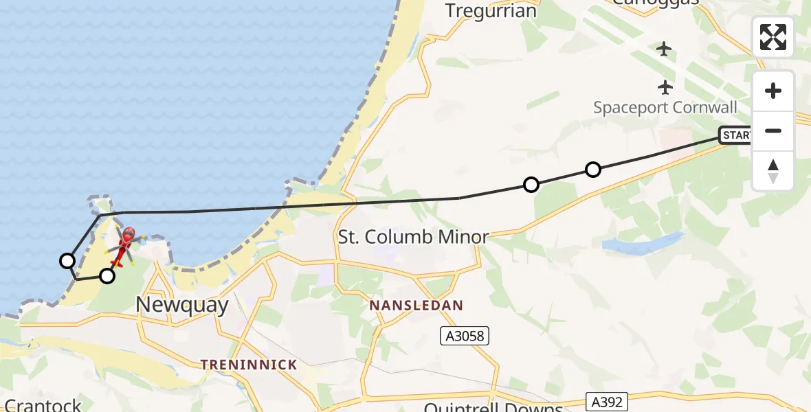 Flight route Air Ambulance Helicopter Cornwall Airport Newquay - Newquay, 07 July 2026, 12:38