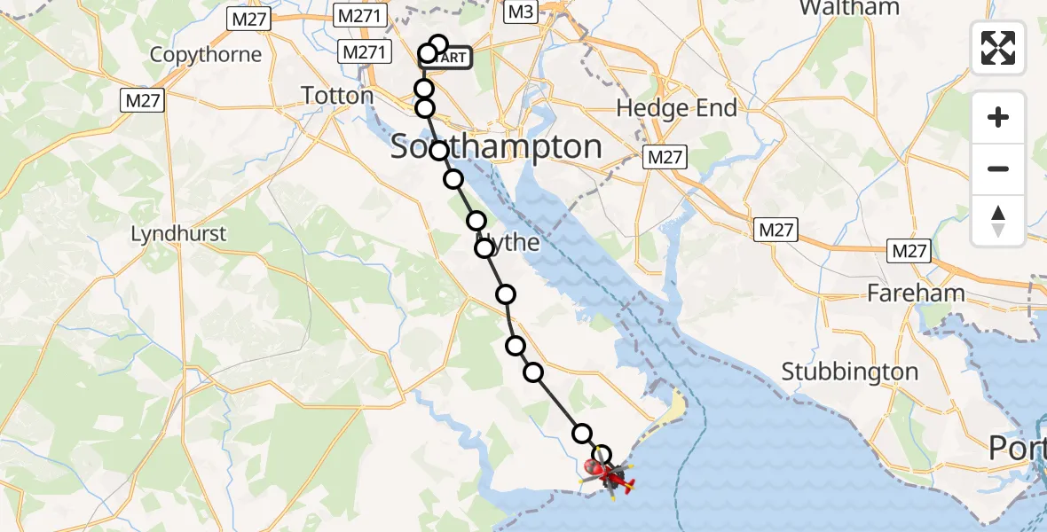 Flight route Air Ambulance Helicopter University Hospital Southampton - Calshot, 07 July 2026, 12:40