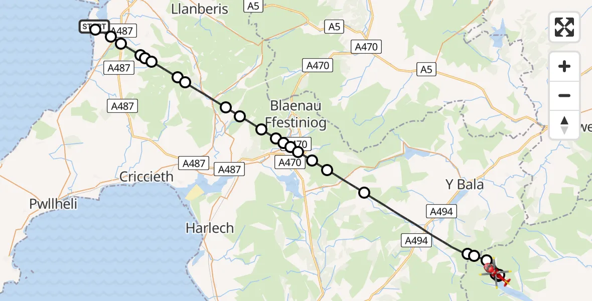 Flight route Air Ambulance Helicopter Caernarfon Airport - Llanwddyn, 07 July 2026, 12:42