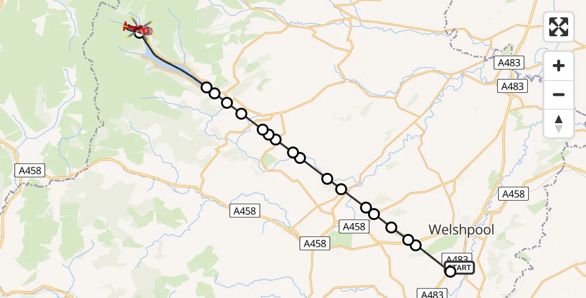 Flight route Air Ambulance Helicopter Welshpool Airport - Llanwddyn, 07 July 2026, 12:42
