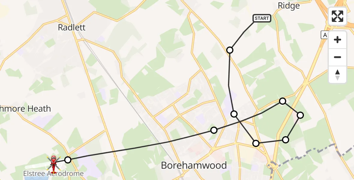 Flight route Air Ambulance Helicopter Ridge - Elstree Airfield, 07 July 2026, 12:47