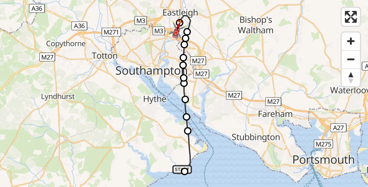 Flight route Air Ambulance Helicopter New Forest - Southampton Airport, 07 July 2026, 12:50