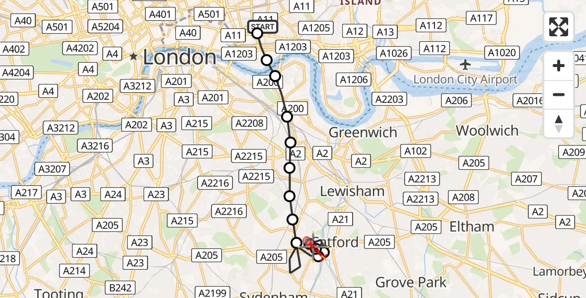 Flight route Air Ambulance Helicopter Royal London Hospital - Perry Vale, 07 July 2026, 12:51