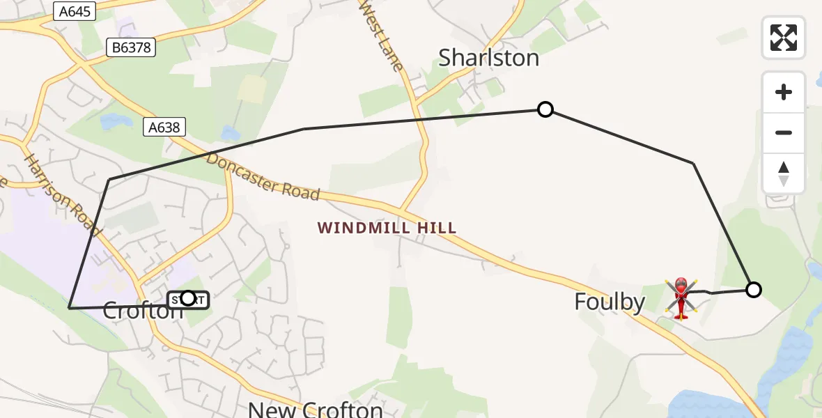 Flight route Air Ambulance Helicopter Crofton - YAA Nostell Helicopter Port, 07 July 2026, 12:52