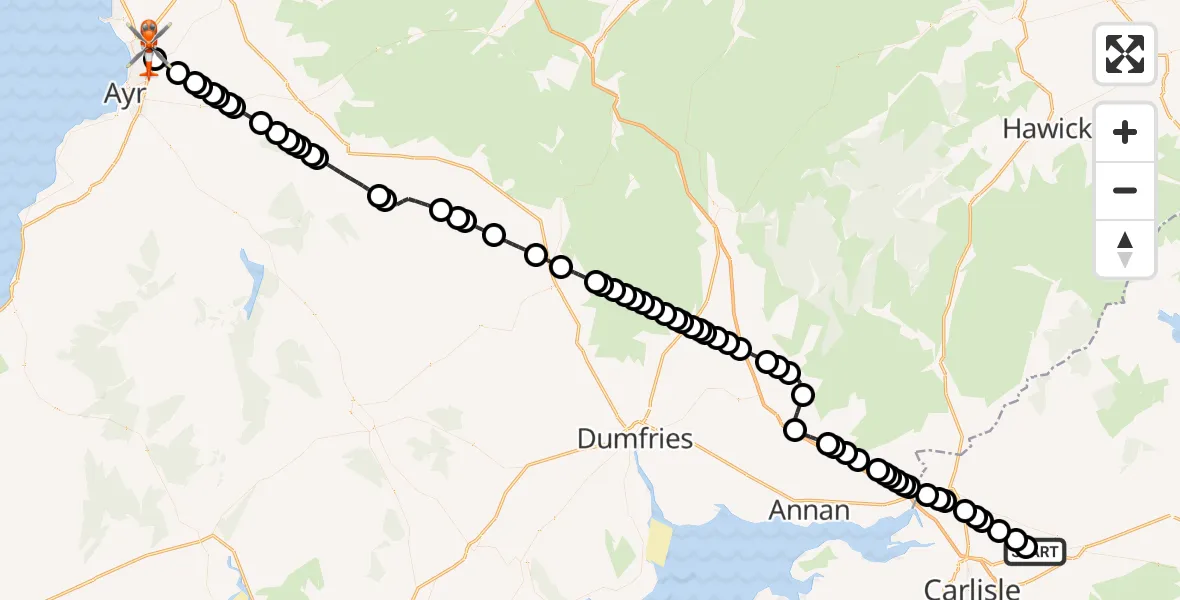 Flight route Coastguard Helicopter Carlisle Lake District Airport - Glasgow Prestwick Airport, 07 July 2026, 13:00