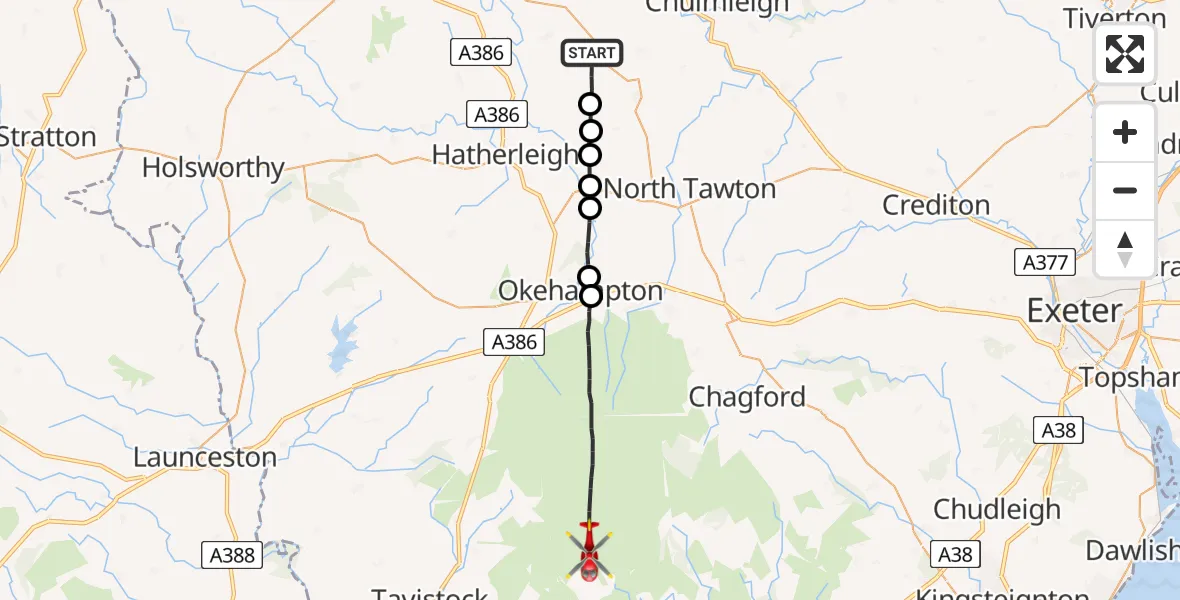 Flight route Air Ambulance Helicopter Winkleigh - West Devon, 07 July 2026, 13:05
