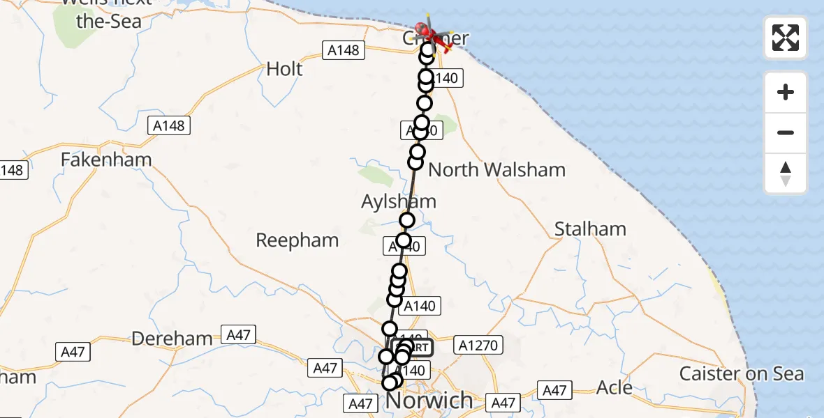 Flight route Air Ambulance Helicopter Norwich Airport - Cromer, 07 July 2026, 13:07