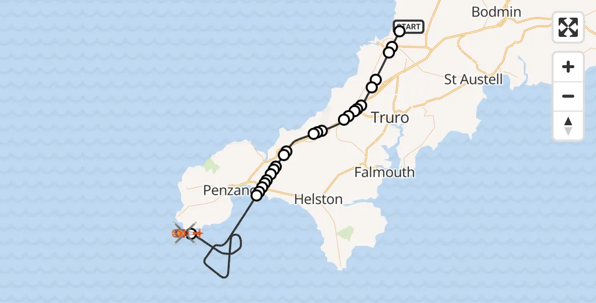 Flight route Coastguard Helicopter Cornwall Airport Newquay - Porthcurno, 07 July 2026, 13:15