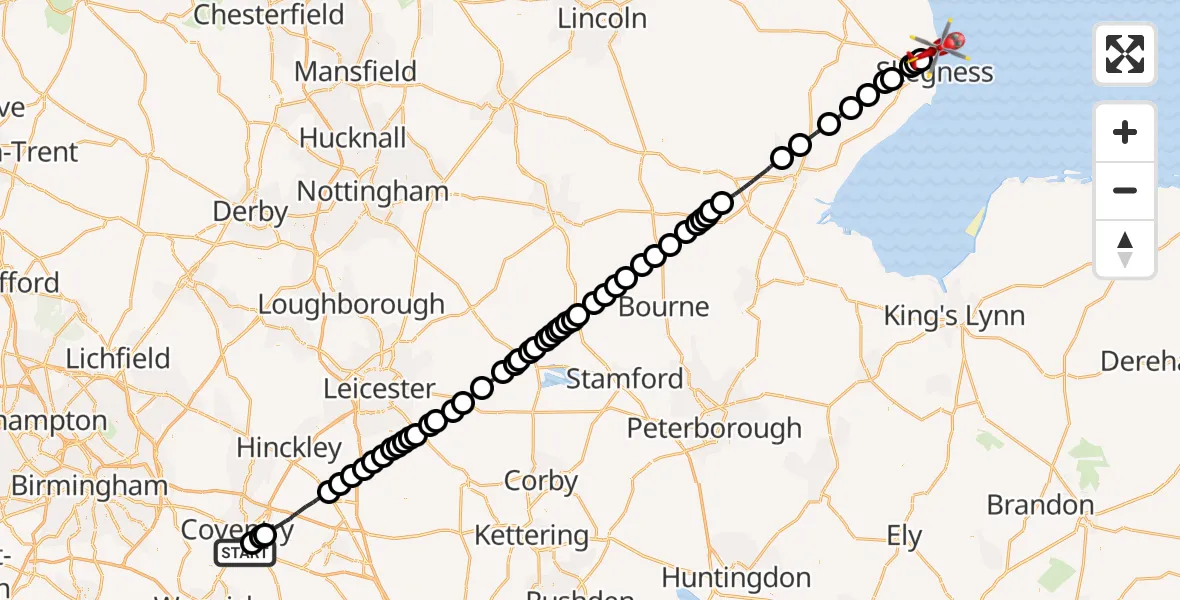 Flight route Air Ambulance Helicopter Coventry Airport - Winthorpe, 07 July 2026, 13:18