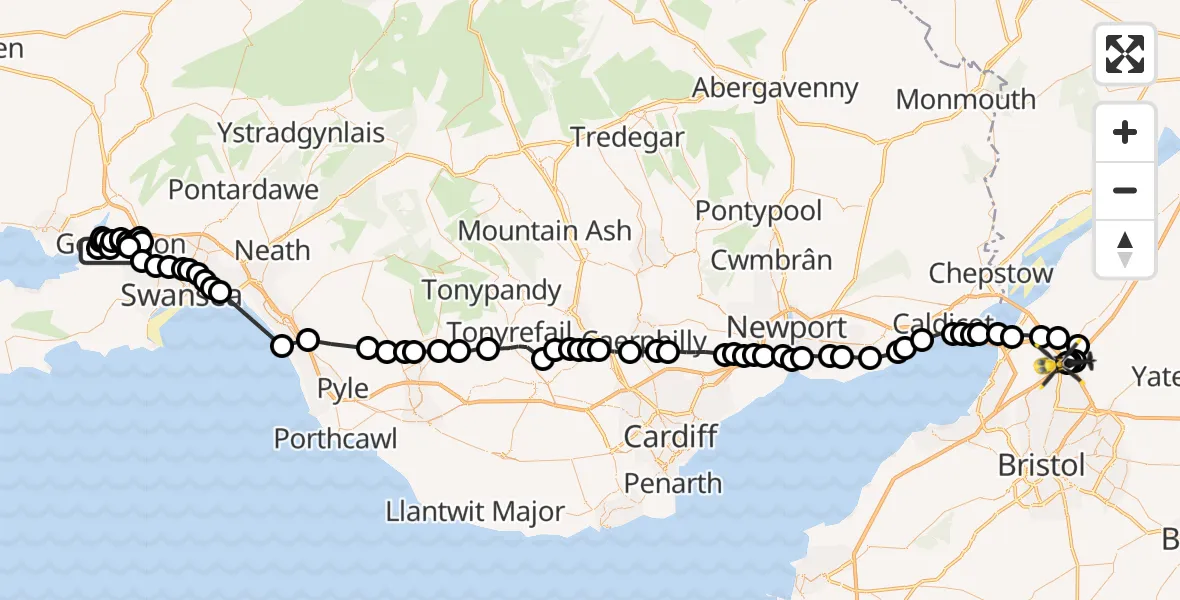 Flight route Police Helicopter Loughor - Almondsbury Helicopter Base, 07 July 2026, 13:19