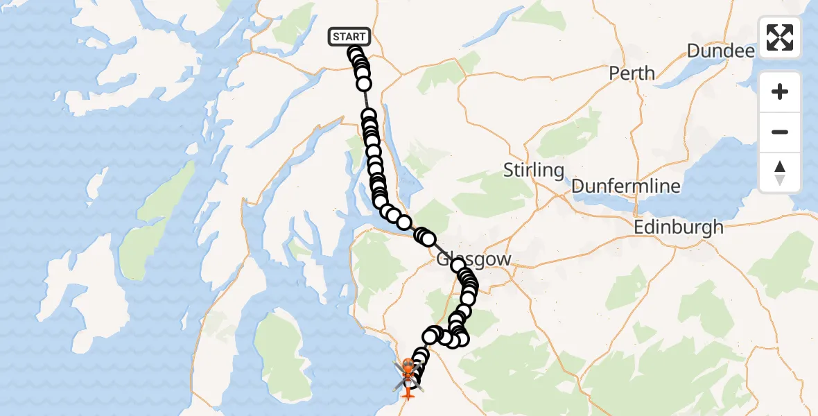 Flight route Coastguard Helicopter Argyll and Bute - Glasgow Prestwick Airport, 07 July 2026, 13:23
