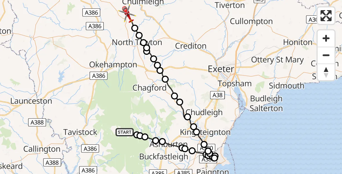 Flight route Air Ambulance Helicopter West Devon - Winkleigh, 07 July 2026, 13:29