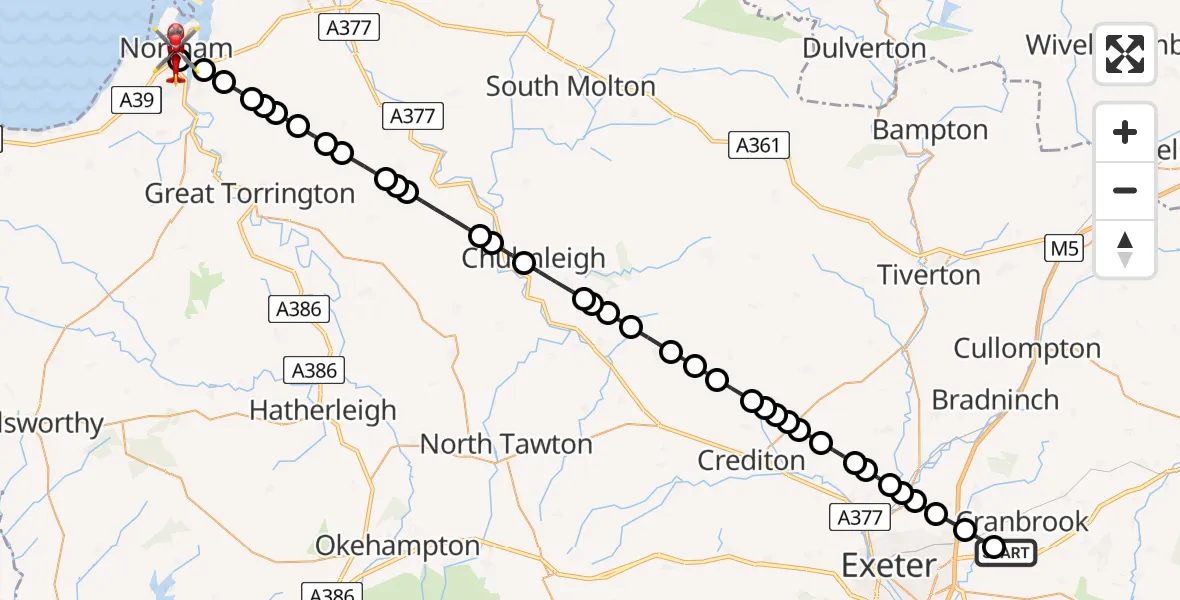 Flight route Air Ambulance Helicopter Exeter International Airport - Northam, 07 July 2026, 13:30