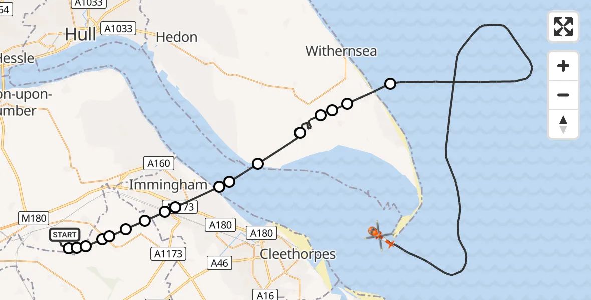 Flight route Coastguard Helicopter Barnetby le Wold - North Sea, 07 July 2026, 13:35