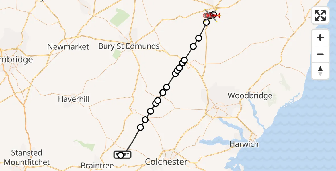 Flight route Air Ambulance Helicopter Earls Colne Airfield - Thrandeston, 07 July 2026, 13:38