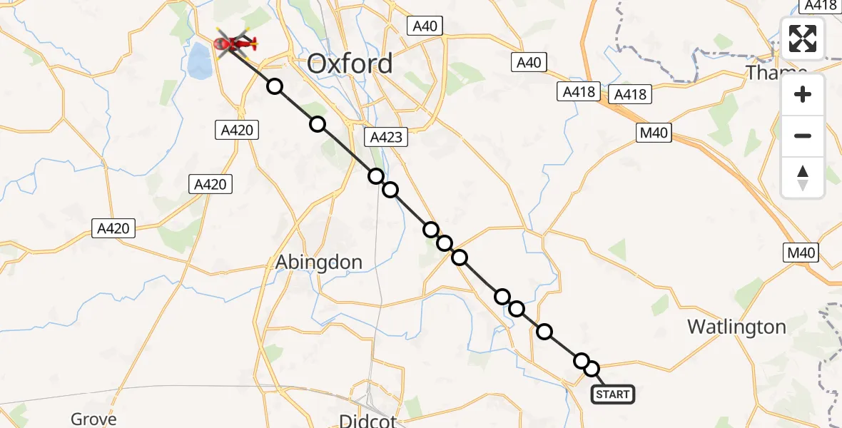 Flight route Air Ambulance Helicopter RAF Benson - Cumnor, 07 July 2026, 13:39