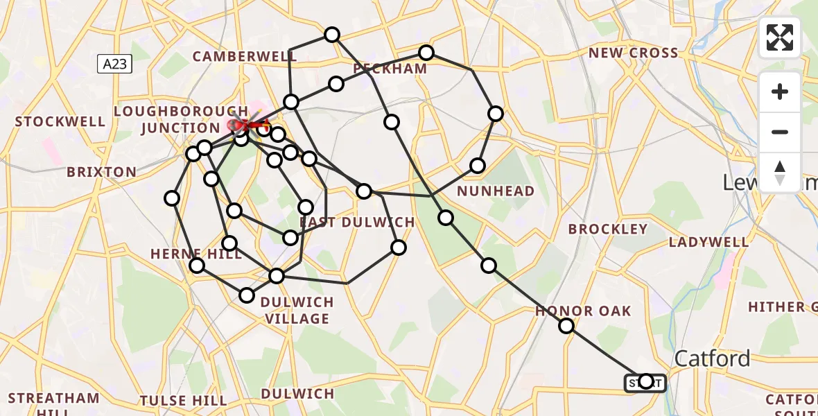 Flight route Air Ambulance Helicopter Honor Oak - Kings College London Hospital, 07 July 2026, 13:46
