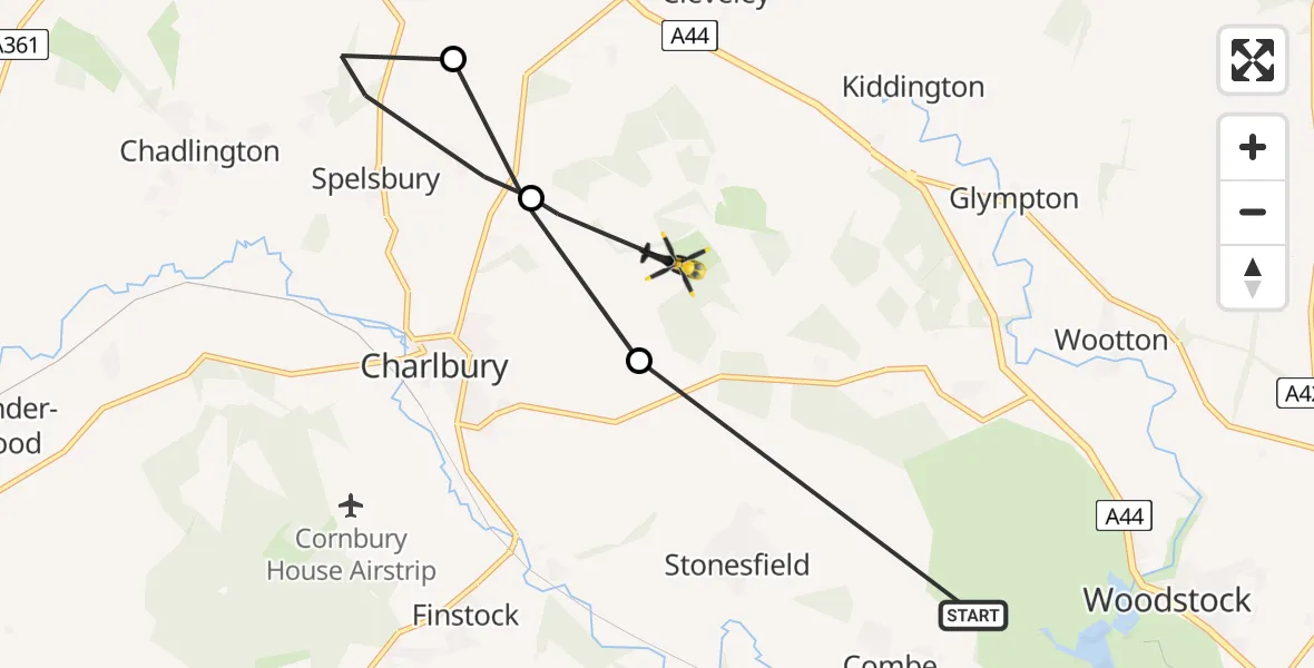 Flight route Police Helicopter Combe - Charlbury, 07 July 2026, 13:55