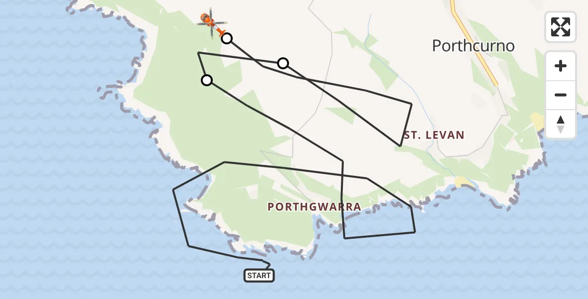 Flight route Coastguard Helicopter Porthcurno - St. Levan, 07 July 2026, 14:00