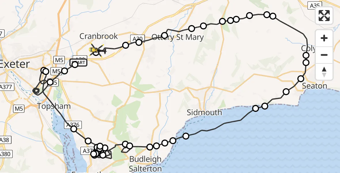 Flight route Police Helicopter Exeter International Airport - Rockbeare, 07 July 2026, 14:02