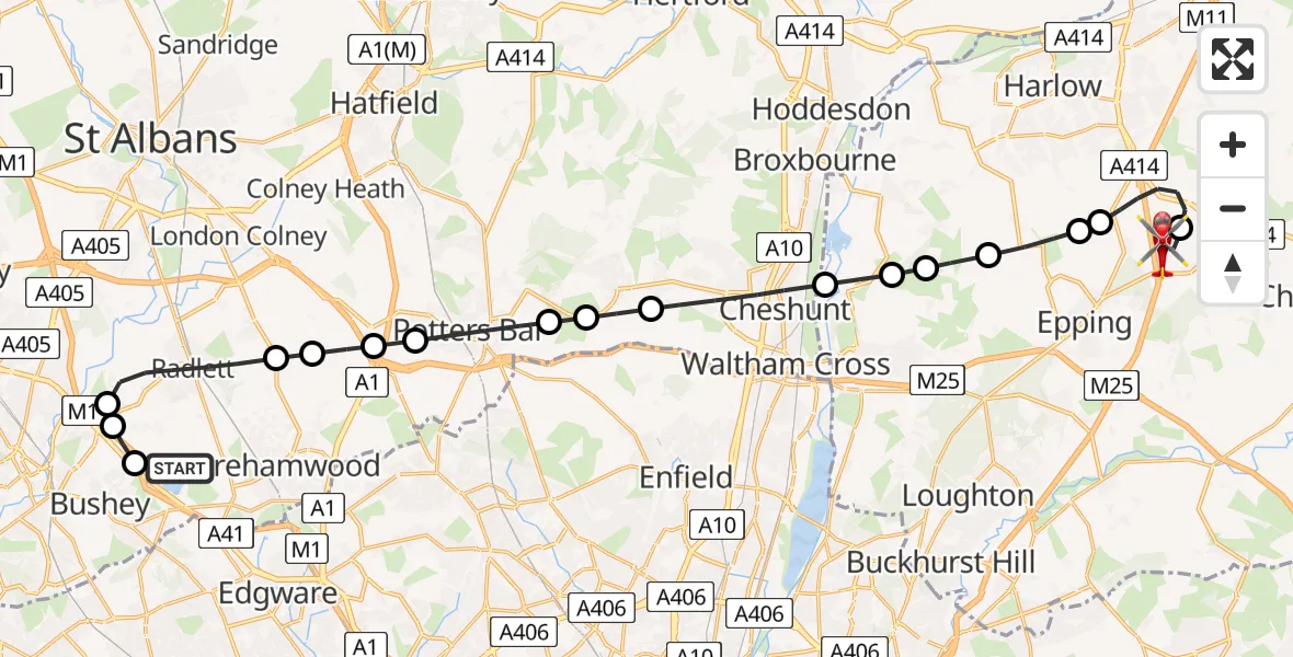 Flight route Air Ambulance Helicopter Elstree Airfield - North Weald Airfield, 07 July 2026, 14:08