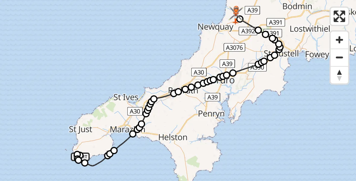 Flight route Coastguard Helicopter Porthcurno - Cornwall Airport Newquay, 07 July 2026, 14:10