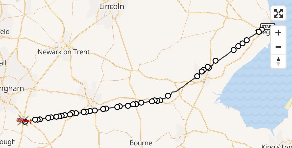 Flight route Air Ambulance Helicopter Skegness - Nottingham Heliport, 07 July 2026, 14:17