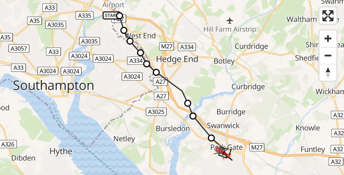 Flight route Air Ambulance Helicopter Townhill Park - Fareham, 07 July 2026, 14:18