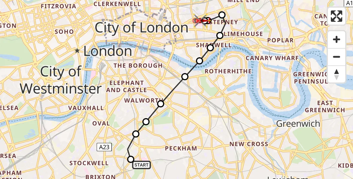Flight route Air Ambulance Helicopter Kings College London Hospital - Royal London Hospital, 07 July 2026, 14:30