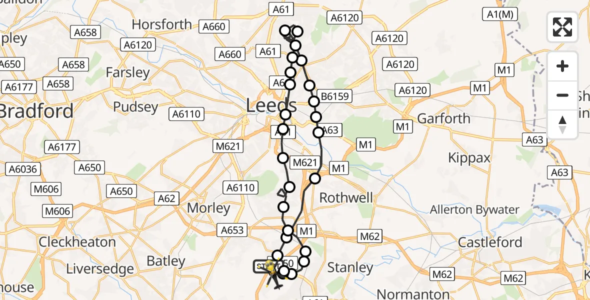 Flight route Police Helicopter East Ardsley - East Ardsley, 07 July 2026, 14:33